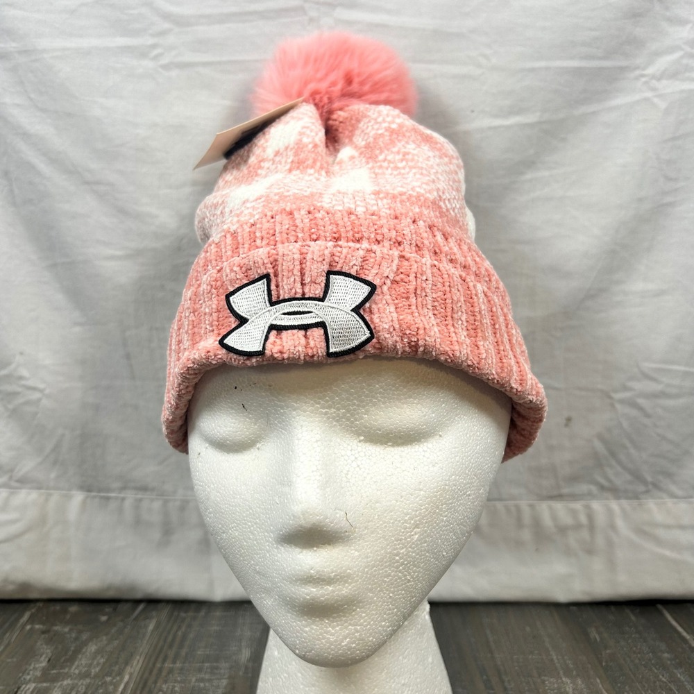 Under Armour Pink White Plaid Chenille Knit Beanie Faux Fur Pom Fleece Lined NEW - Picture 2 of 5